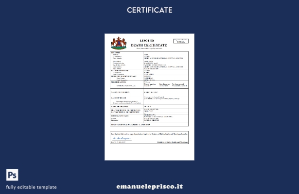 stile verificato Certificato di morte dello stato di stato del Lesotho Modello W